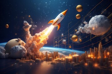 Rocket taking off over stack of coins, successful startup concept, blue background, digital illustration