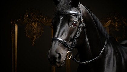 Poster - Black stallion, elegance in nature, racing towards victory generated by AI