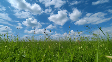 Wall Mural - Illustration background, Beautiful grassy fields and summer blue sky with fluffy white clouds in the wind