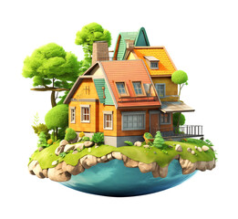 Wall Mural - Fantasy House Floating Island 3D Style Isolated on Transparent Background
