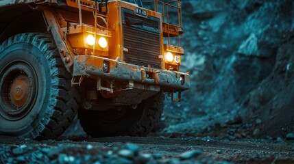 Closeup of a mining trucks headlights shining brightly as it carries tons of heavy materials showcasing the ruggedness and endurance of the vehicle in challenging industrial