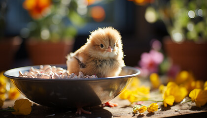 Poster - Cute fluffy kitten playing with a toy outdoors in springtime generated by AI