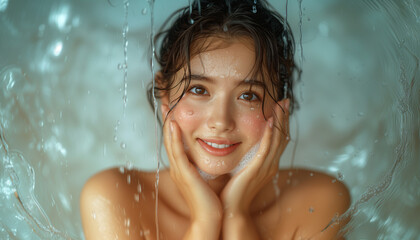 Sticker - Portrait of beautiful and happy young asian woman with wet hair and foamy cleanser on her glowing skin face, isolated background