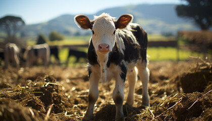 Poster - Cute cow grazing on green meadow, looking at camera generated by AI