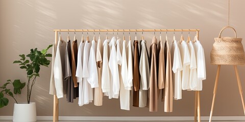 Fashion stylist curates essential wardrobe with neutral colors and wooden hangers.