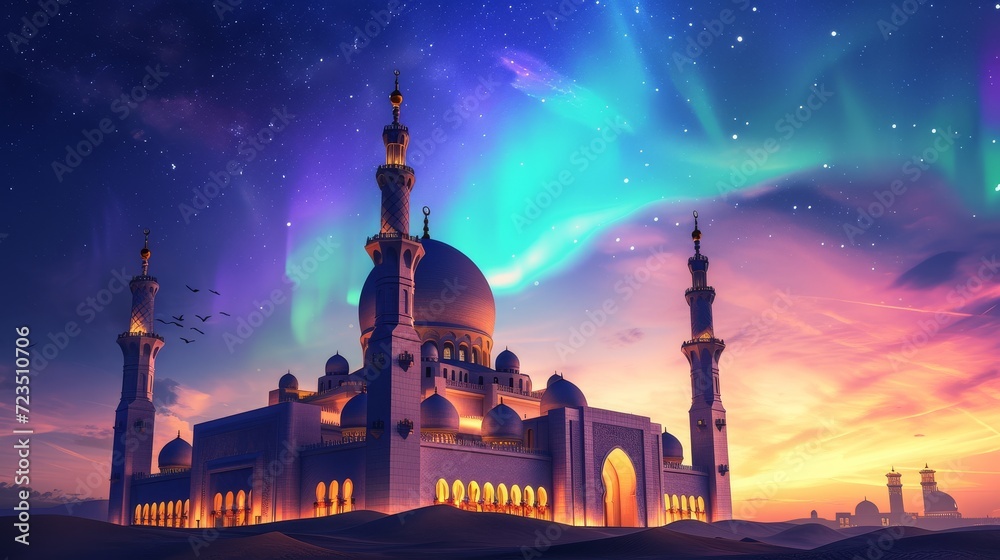 Image of a grand Islamic mosque in a desert, with an Aurora Borealis ...