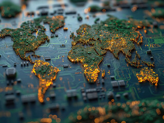 Wall Mural - World map on circuit board microchip technology international computer illustration, motherboard tech processor earth closeup