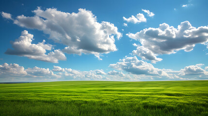 Wall Mural - Illustration background, Beautiful grassy fields and summer blue sky with fluffy white clouds in the wind