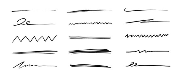 Pen underline line stroke, marker scribble. Hand drawn mark, brush drawn curve, doodle sketch vector. Pen text underline, handwritten doodle elements, lettering emphasis. Vector illustration.