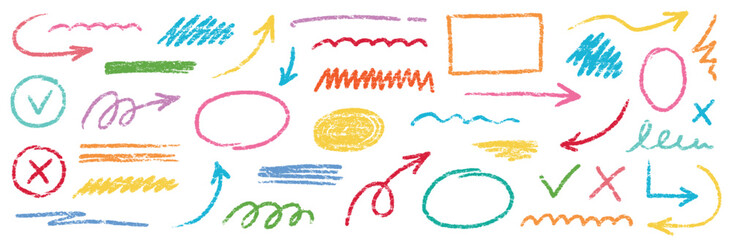 Aufkleber - Chalk scribble arrow, line brush set. Crayon arrow, underline, handwritten mark check elements. Vector hand drawn scribble crayon, marker color brush texture. Rough chalk vector illustration