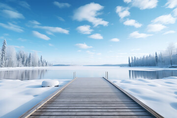 Wall Mural - Winter landscape with wooden pier on lake and blue sky with clouds.