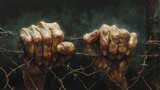 Clenched hands on barbed wire, a powerful symbol of the strife and resistance in migration.