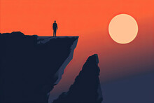 A Minimal Graphic Of A Business Person At The Top Of A Mountain. Business Success And Achievement
