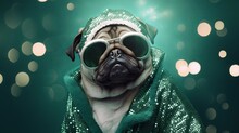 Funny Pug Dag Sunglasses Fashion Green Costume On Light Bokeh Background. St.Patrick’s Day. Greeting Card. Presentation. Advertisement. Invitation. Copy Text Space.