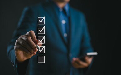 Poster - Businessman tick correct sign mark for document approve, project acceptance and quality assurance concept, take an assessment, questionnaire, evaluation, online survey, online exam, checklist.