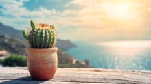Cactus In A Pot On A Wooden Table With A Scenic View. Generative AI Illustration 