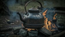 Vintage Black Steel Tea Kettle On Campfire