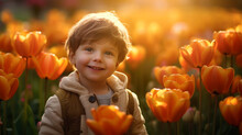 A Cute Little Boy In The Tulips Garden At Sunrise
