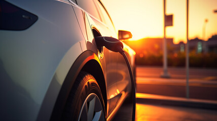 Wall Mural - Car charging at electric car charging station at sunset