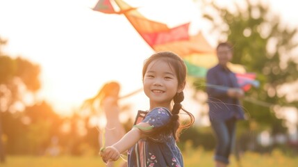 Wall Mural - Asian daughter play a kite in the outdoor park in village near thay home with father, mother support on background. Family activity together concept.