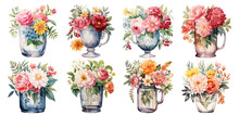 Set Of Watercolor Vintage Old Glass Vase With Flowers, Sticker, Ornaments, Png, Generated Ai