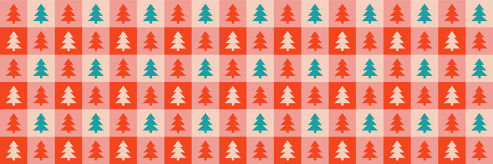 Cute retro vintage Christmas tree Checkerboard Y2K seamless pattern vector background. Abstract festive red and pink texture wallpaper with Xmas tree icon silhouette, modern trendy textile design