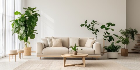 Poster - Modern Scandinavian home interior design with a chic living room featuring a comfortable sofa, mid-century furniture, cozy carpet, wooden floors, white walls, and green home plants.