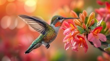 Hummingbirds Hover Around Blooming Flowers In A Green Forest In Costa Rica. Natural Habitat, Beautiful Hummingbird Sucking Nectar, Colorful Background Wildlife In Tropical Nature