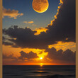 Soft pink color full moon in the night dark sky with light clouds above the sea with copy space