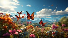 A Cluster Of Colorful Butterflies In A Field