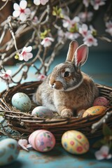 Poster - A bunny rabbit sits in a nest with Easter eggs.