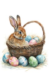 Poster - A bunny rabbit sits in a wicker basket surrounded by colorful Easter eggs.