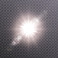 Poster - Bright sun shines with warm rays, vector illustration Glow gold star on a transparent background. Flash of light, sun, twinkle. Vector for web design and illustrations.	
