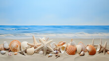 Assorted Seashells And Starfish Arranged On Sand