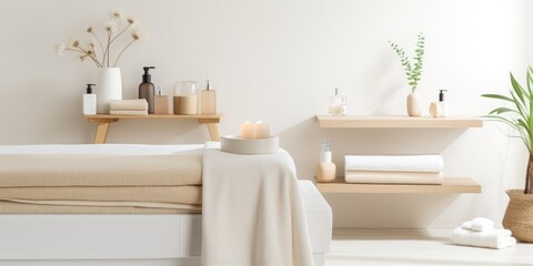 Poster - Beige spa bathroom with towels on white desk and accessories near white wall.