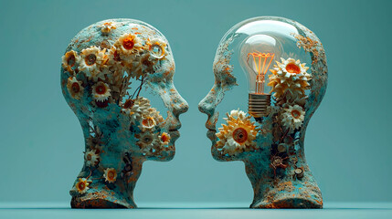 Poster - Two human heads with lightbulbs and gears on blue background