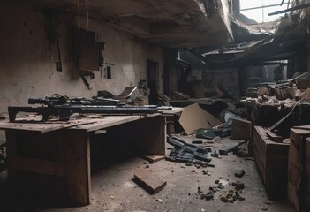 abandoned weapons after fighting on the battlefield, in the shelter