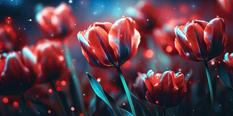 Wall Mural - A striking bouquet of vibrant red tulip buds set against a dark background.