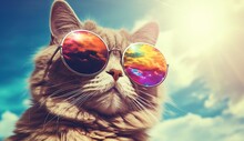 Portrait Of A Beautiful Cat Wearing Sunglasses On The Sky Background.