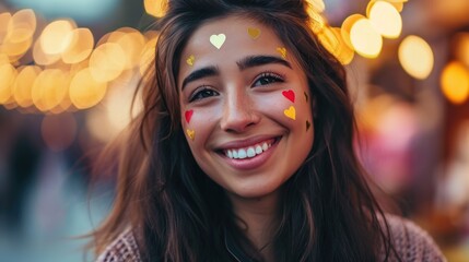 Wall Mural - Valentine's day concept. Close up and selective focus of a woman's face, looking into the camera, painted with hearts as a symbol of love.