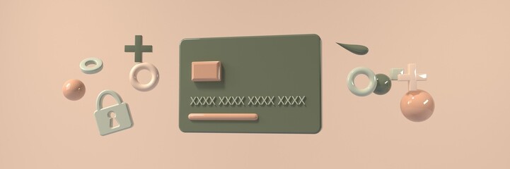 Poster - Credit card with flying geometric shapes - 3D render