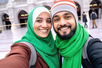 Wall Mural - A young couple smiling and taking a selfie together with a green background