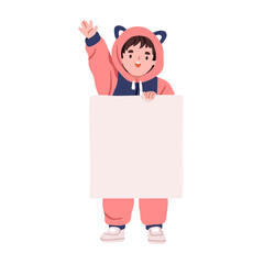 Poster - Kid holding blank paper sheet. Cute child showing banner, placard, space for announcement. Happy boy standing with empty poster in hand. Flat vector illustration isolated on white background