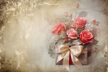 Wall Mural - Vintage background with roses and gift box. Retro frame for Valentine's day, wedding, greeting card on scrap paper with copy space. Romantic floral banner with present on shabby grunge background.