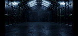 Fototapeta Przestrzenne - Cyber Sci Fi Underground Alien Metal Spaceship Bunker Tunnel Corridor Studio Showroom Warehouse Concrete Floor Red Blue Lights Empty Space Background 3d Rendering