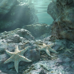 Poster - Starfish lie on rocks underwater.
