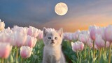 Fototapeta  - 満月と花と空を眺めるかわいい子猫