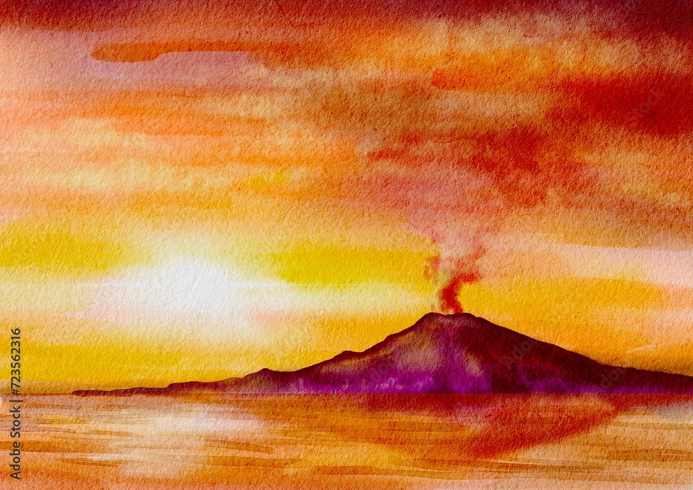 夕映えの桜島（鹿児島） 水彩画 Stock Illustration | Adobe Stock