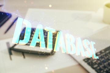 Poster - Double exposure of Database word sign on calculator and laptop background, global research and analytics concept
