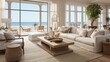 © VERTEX SPACE - beautiful small space casual living family room soft neutral wood beams  and a gorgeous grouping of swivel color fabric chairs around a striking coffee table coastal design nature freshness home
